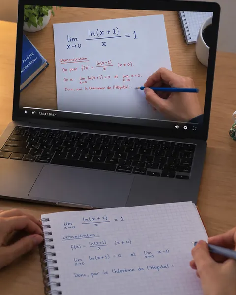 Une élève suit un cours de maths sur son ordinateur et recopie la démonstration dans son cahier.
