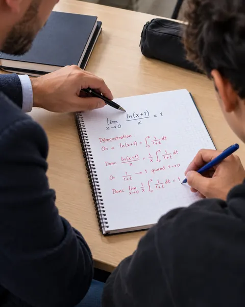Le professeur, assis à côté d’un élève, lui montre une étape de la démonstration dans son cahier.